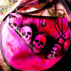 Skull Custom PhuckCulture Trash Bag Leather Upcycled Purse Hot Pink Black